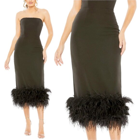Mac Duggal 11629 Womens Size 8 Black Strapless Formal Dress‎ With Feather Trim